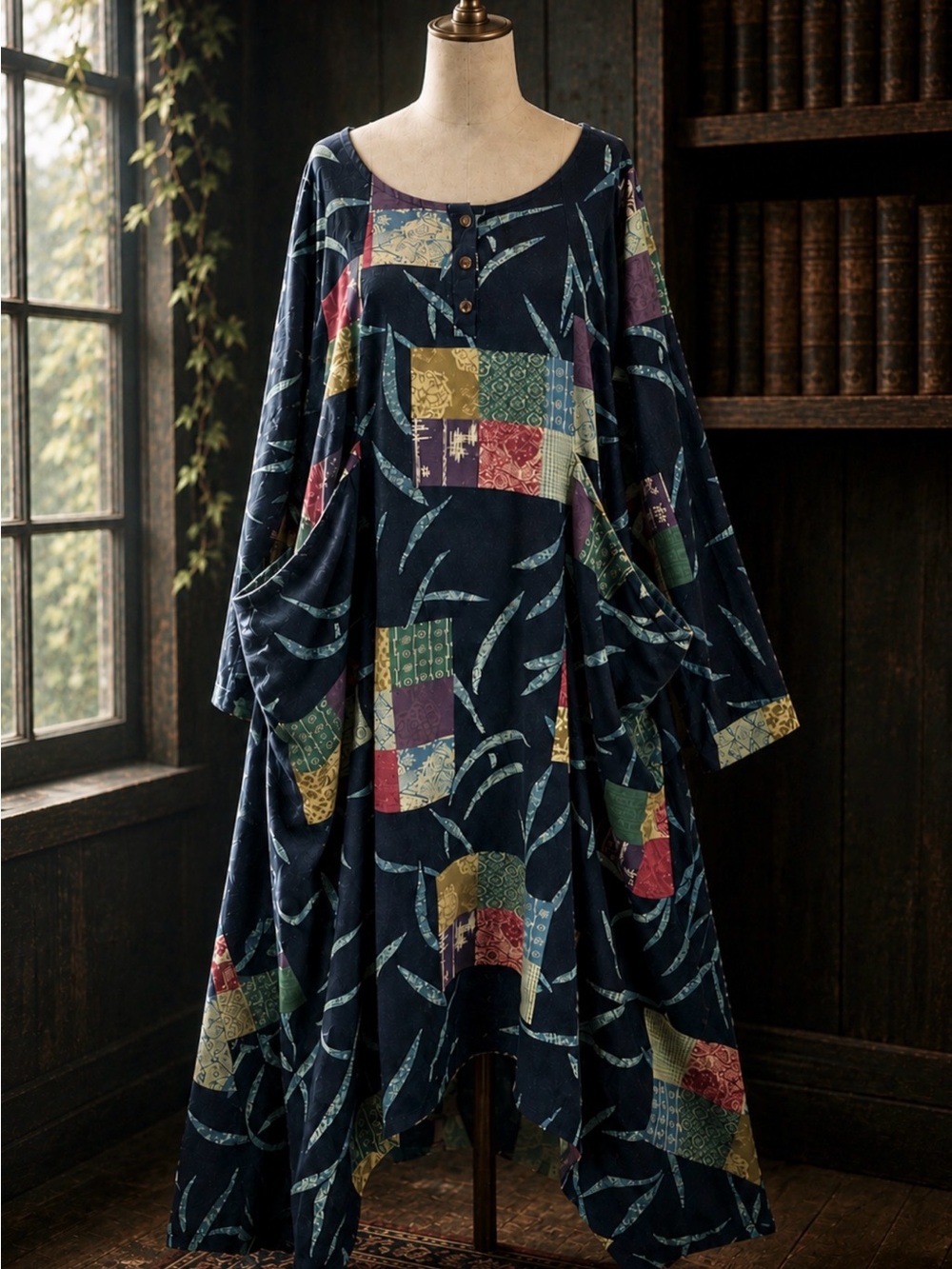 VINTAGE artsy‎ patchwork print maxi dress oversized slouchy pockets Lagenlook